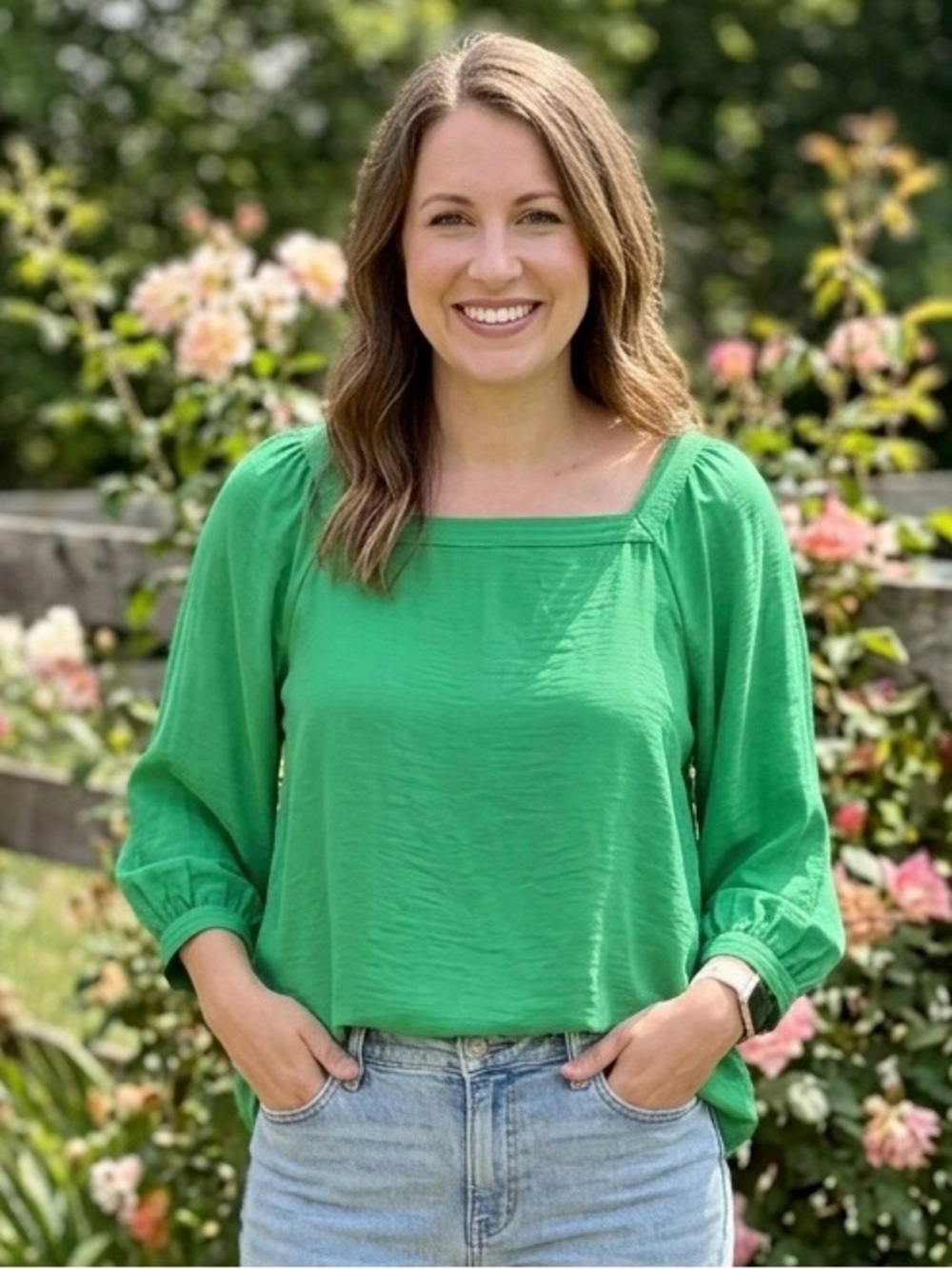 LOFT Kelly Green Square-Neck 3/4 Sleeve Top size Large